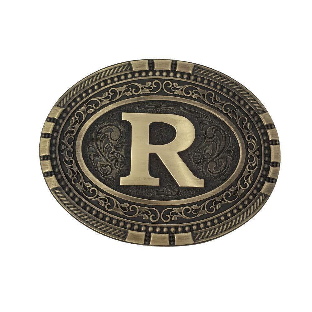 7432 Oval Western Brass Cast Filigree Rope Border Initial Belt Buckle R